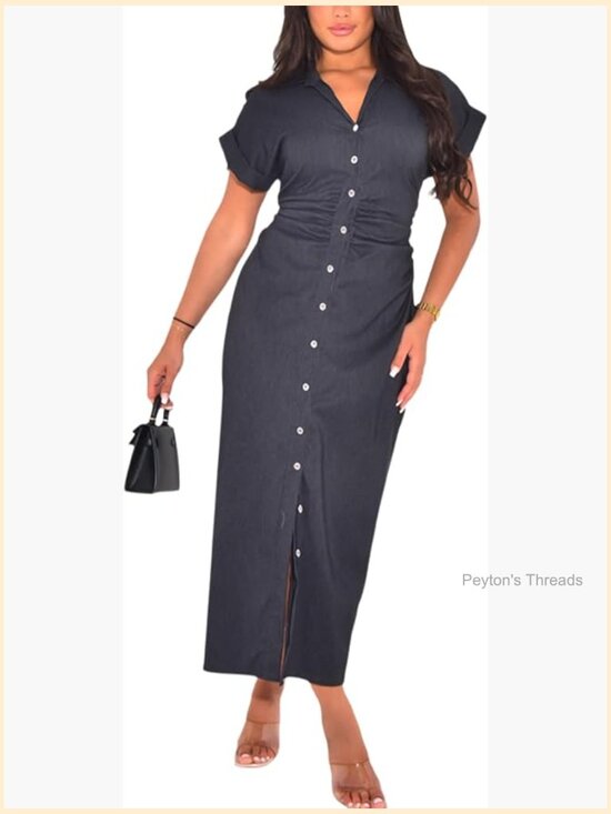 Dresses & Skirts - Short Sleeve Denim Shirt Dress Casual Button Down Ruched Long Dress Slim Fit